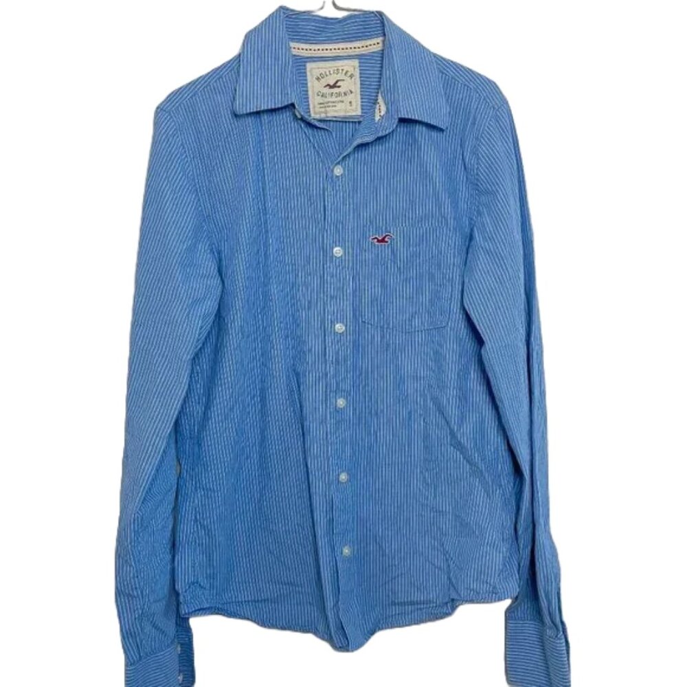 Hollister Button Up Shirt Mens Small Blue White Striped Cotton Long Sleeve